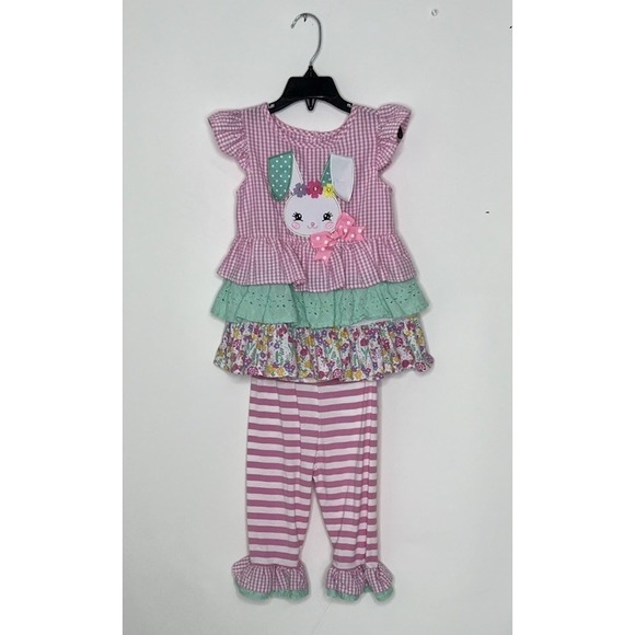 Rare Editions Girls 3T Ruffled Top/Pants Set Pink Plaid Bunny Searsucker Easter - Picture 6 of 7